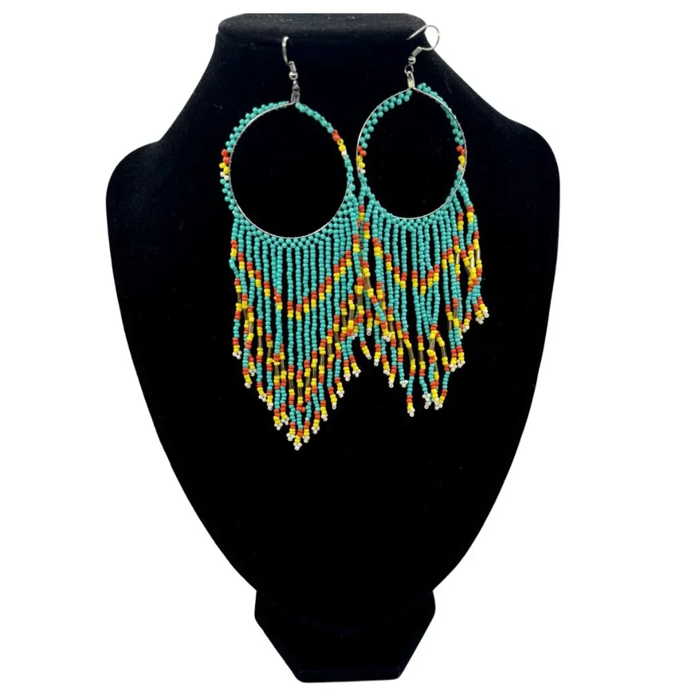 Women  Blue | Orange Yellow Beaded Earrings - Picture 3 of 3